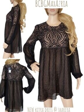 BCBGMaxAzria Women's kitra Black Lace babydoll dress long sleeves Nude Lining XS